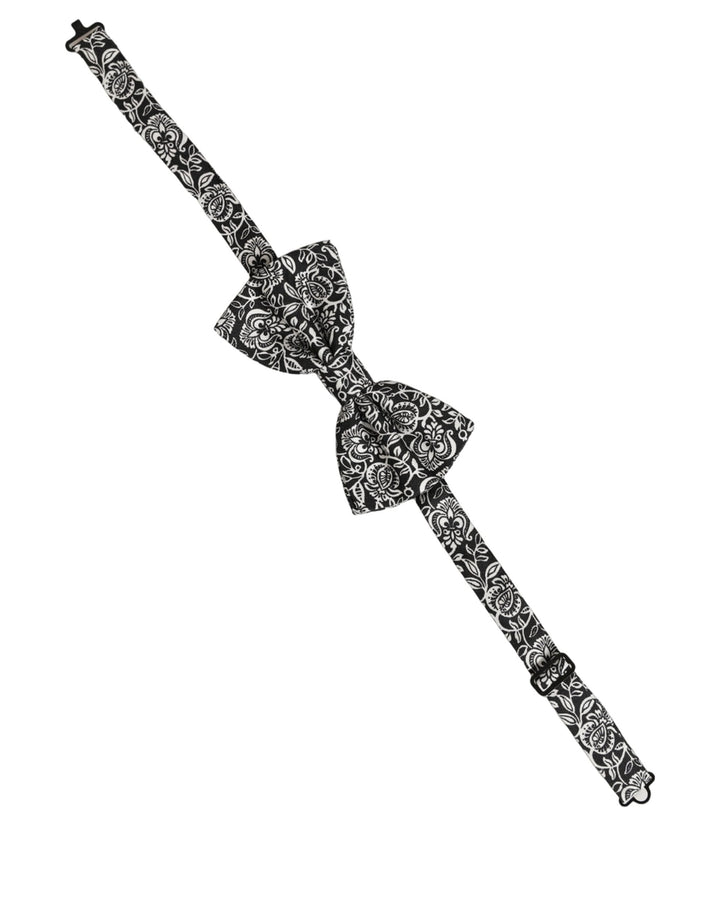 Dolce &amp; Gabbana Tie Black White Paisley Silk Adjustable Neck Papillon Bow