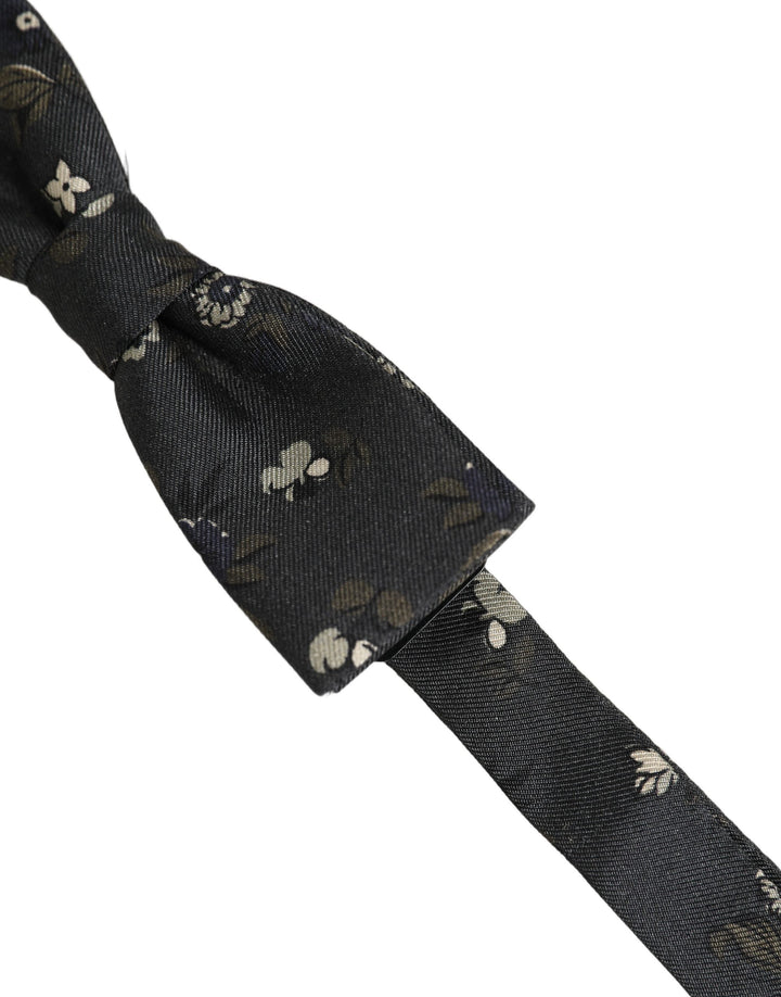 Dolce &amp; Gabbana Men Black Floral Silk Adjustable Neck Papillon Bow Tie