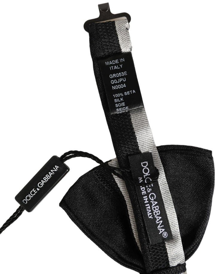Dolce &amp; Gabbana Black Silver 100% Silk Adjustable Neck Papillon Bow Tie