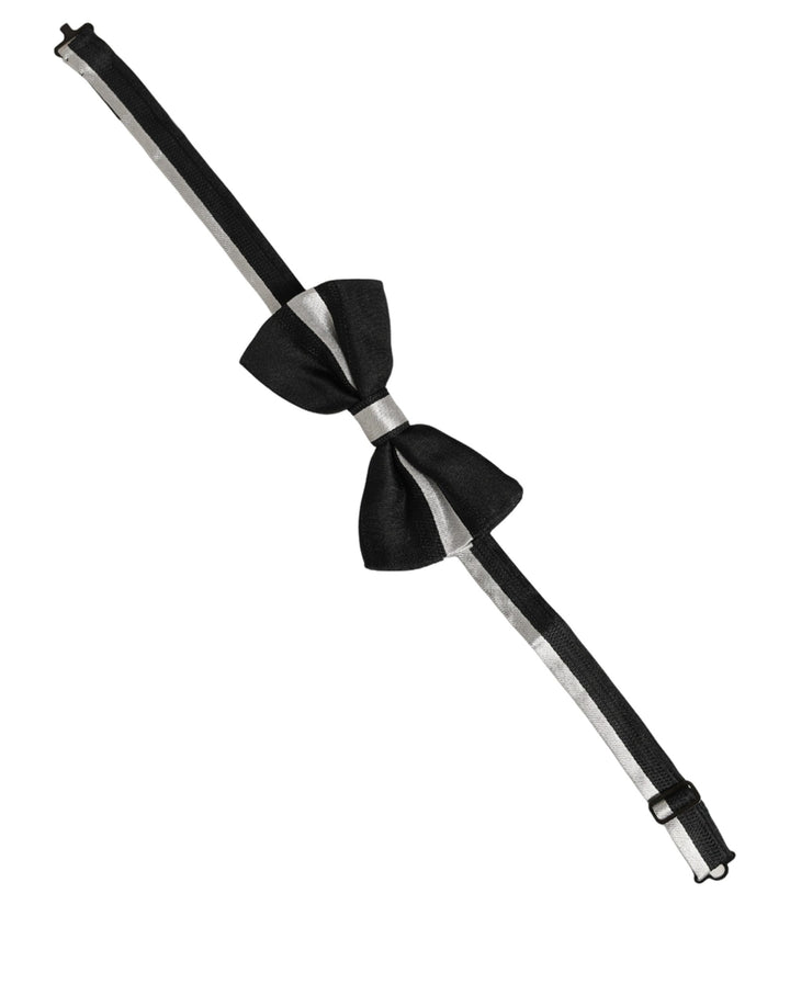 Dolce &amp; Gabbana Black Silver 100% Silk Adjustable Neck Papillon Bow Tie