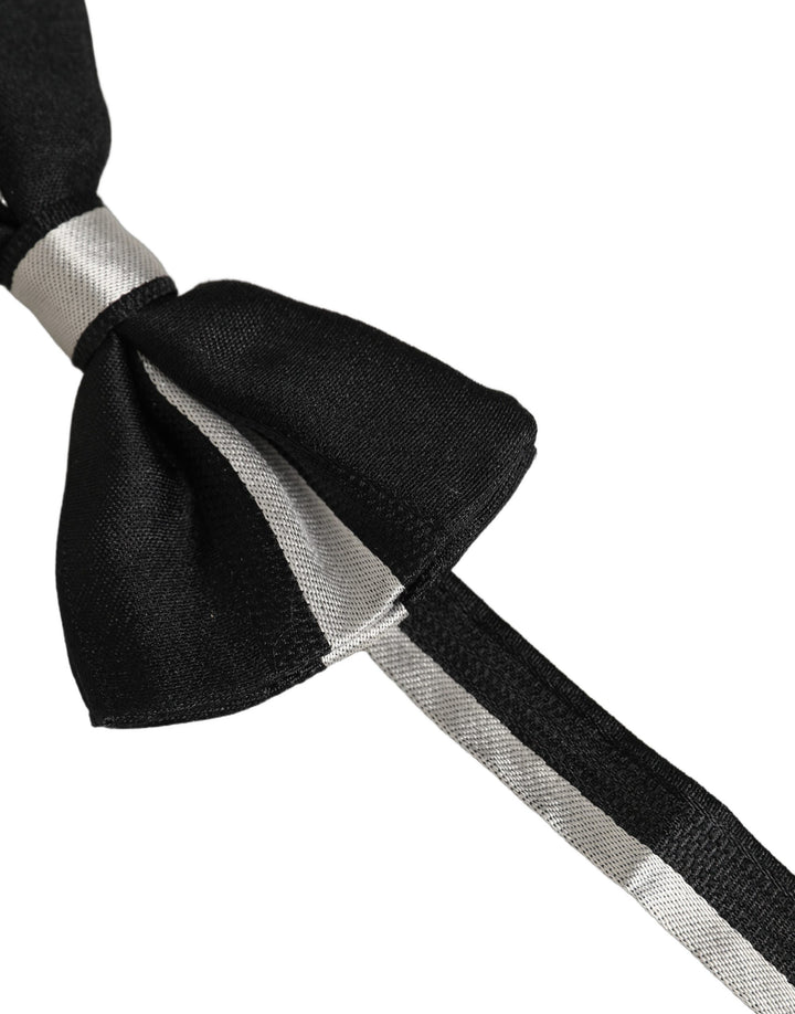 Dolce &amp; Gabbana Black Silver 100% Silk Adjustable Neck Papillon Bow Tie