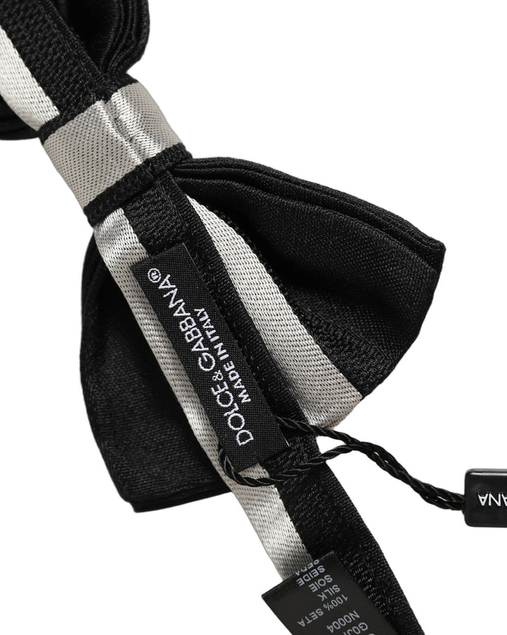 Dolce &amp; Gabbana Black Silver 100% Silk Adjustable Neck Papillon Bow Tie
