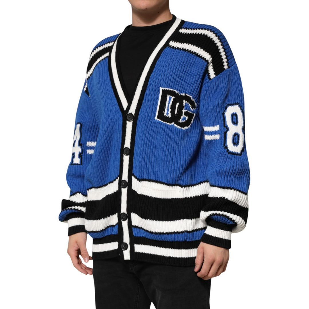 Dolce &amp; Gabbana Blue Cotton Logo Patch Ribbed Knit Cardigan Sweater