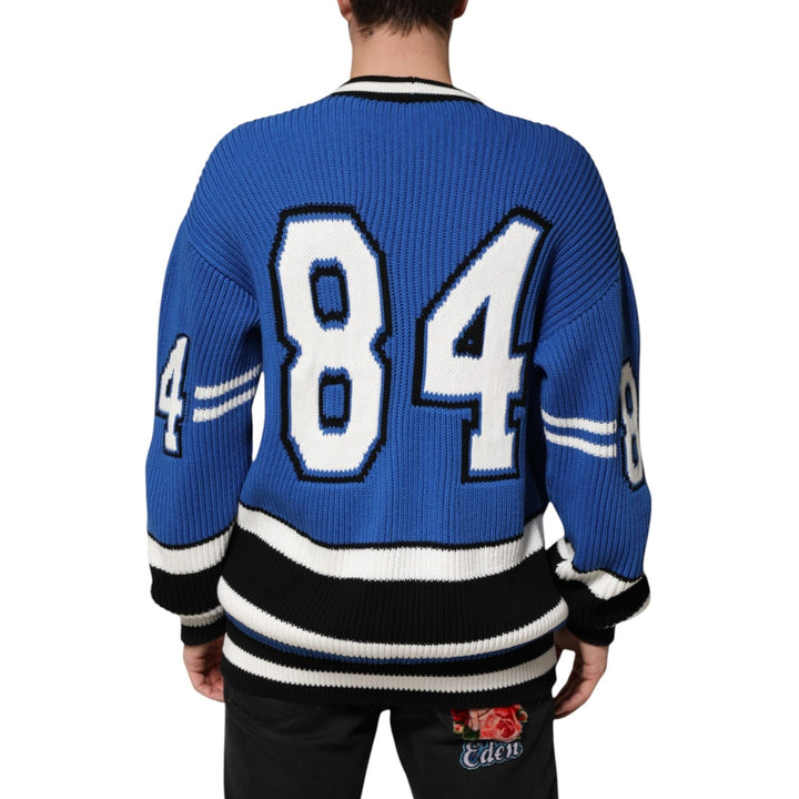 Dolce &amp; Gabbana Blue Cotton Logo Patch Ribbed Knit Cardigan Sweater
