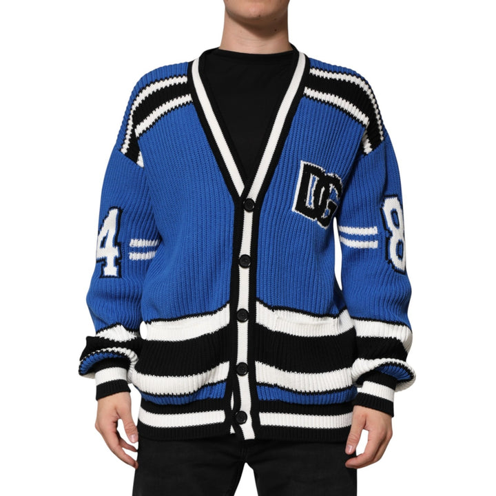 Dolce &amp; Gabbana Blue Cotton Logo Patch Ribbed Knit Cardigan Sweater