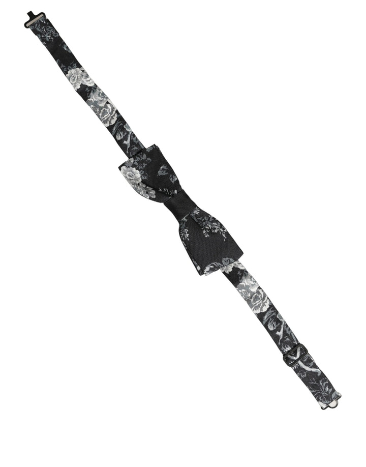 Dolce &amp; Gabbana Black Floral Silk Adjustable Neck Men Papillon Bow Tie
