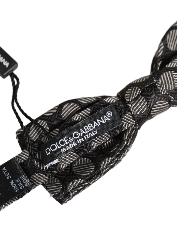 Dolce &amp; Gabbana Black White Geometric Silk Adjustable Neck Papillon Bow Tie