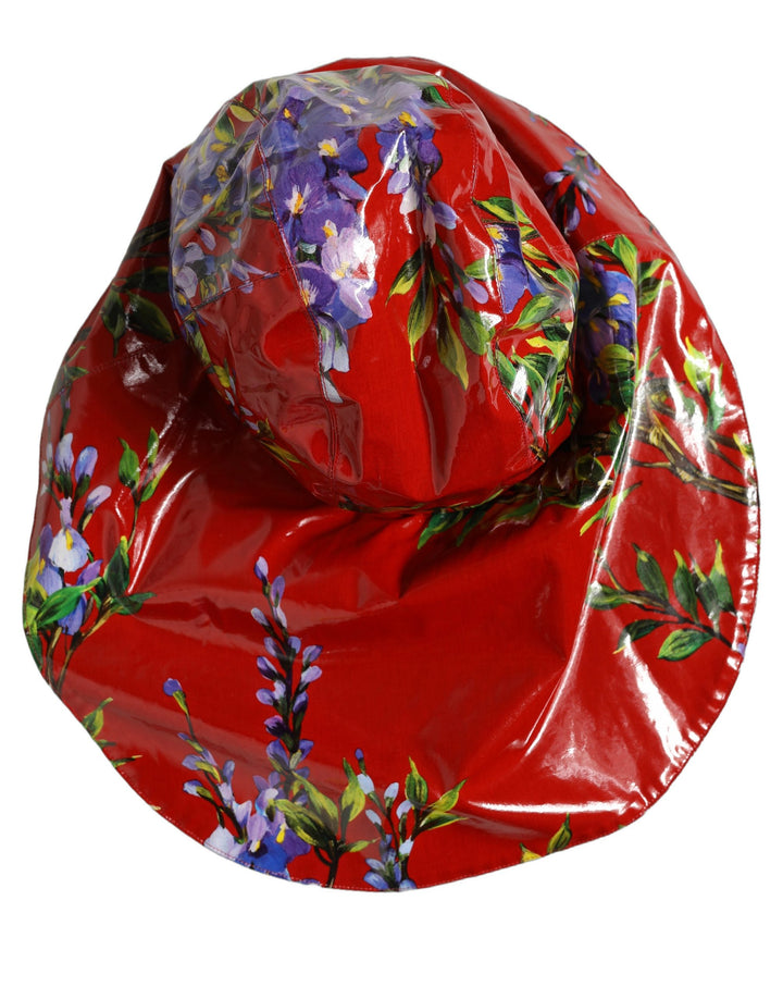 Dolce &amp; Gabbana Glossy Red Floral Wide Brim Bucket Capello Hat