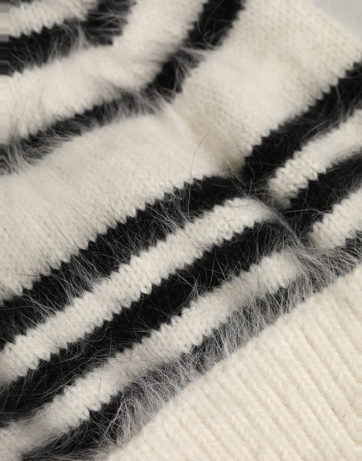 Dolce &amp; Gabbana Black White Striped Angora Knitted Beanie One Size Hat