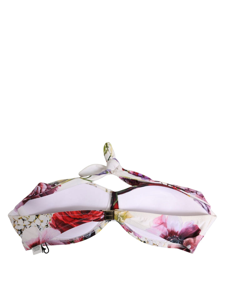 Dolce &amp; Gabbana White Floral Print Nylon Beachwear Bikini Top