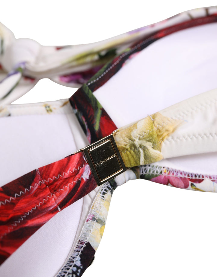 Dolce &amp; Gabbana White Floral Print Nylon Beachwear Bikini Top