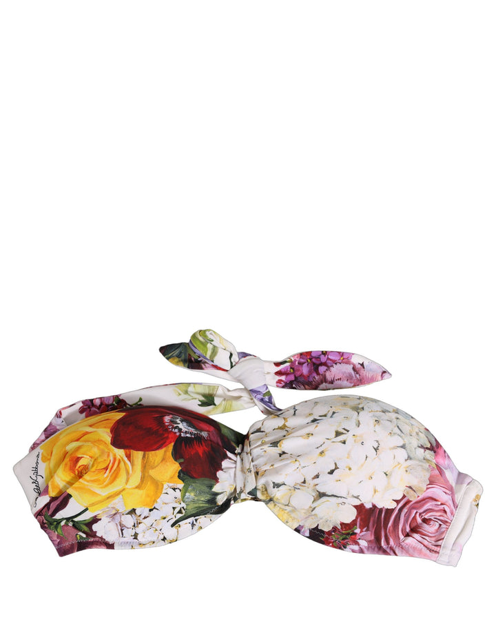Dolce &amp; Gabbana White Floral Print Nylon Beachwear Bikini Top