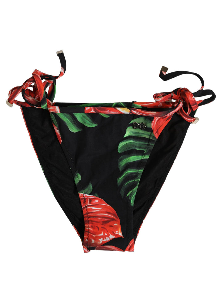 Dolce &amp; Gabbana Black Floral Print Nylon Beachwear Bikini Bottom