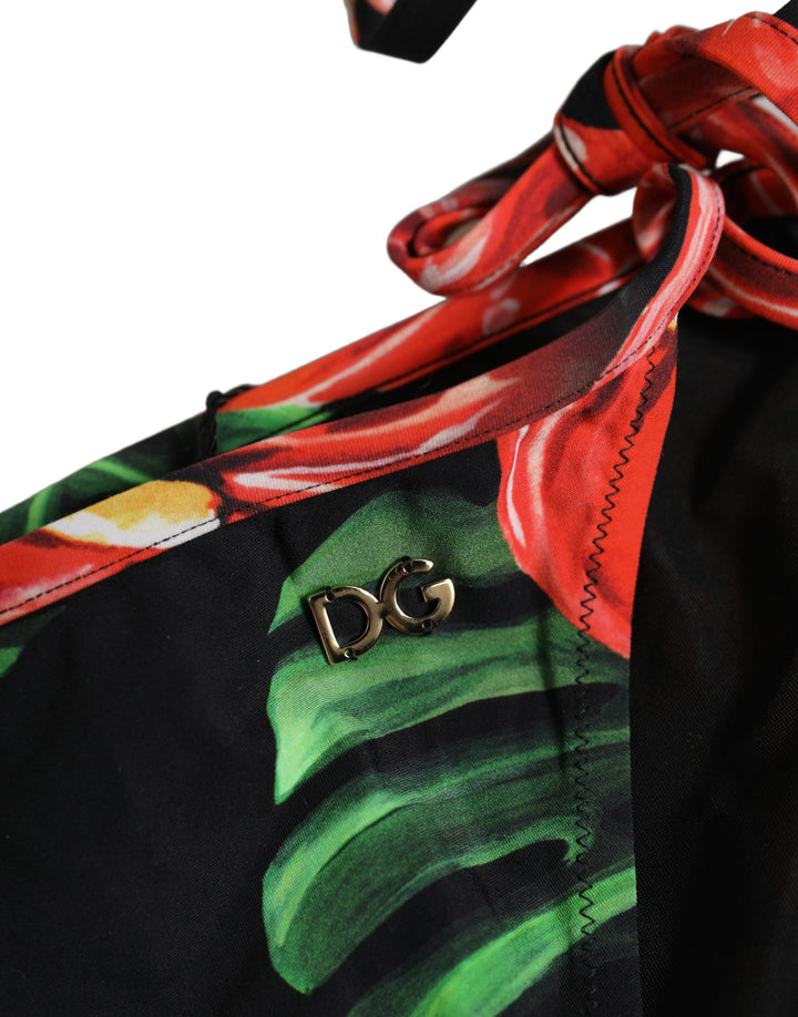 Dolce &amp; Gabbana Black Floral Print Nylon Beachwear Bikini Bottom