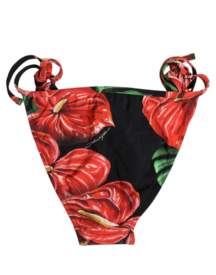 Dolce &amp; Gabbana Black Floral Print Nylon Beachwear Bikini Bottom