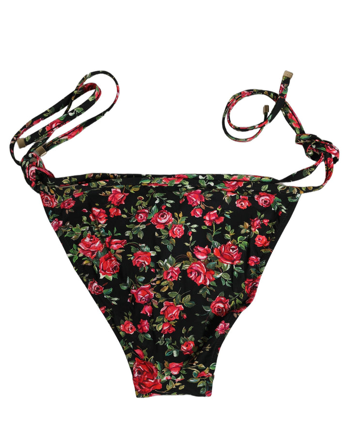 Dolce &amp; Gabbana Black Floral Print Nylon Beachwear Bikini Bottom