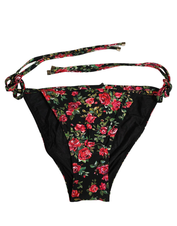 Dolce &amp; Gabbana Black Floral Print Nylon Beachwear Bikini Bottom