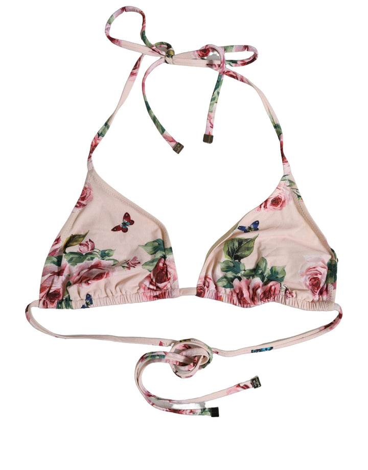Dolce &amp; Gabbana Pink Nylon Floral Halter Beachwear Bikini Top