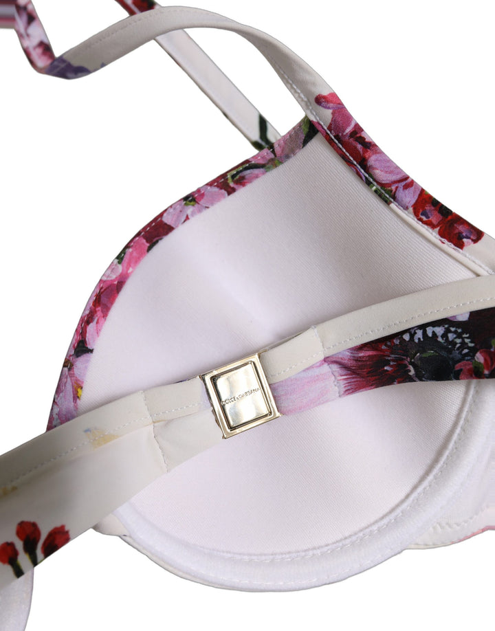 Dolce &amp; Gabbana White Floral Print Nylon Beachwear Bikini Top
