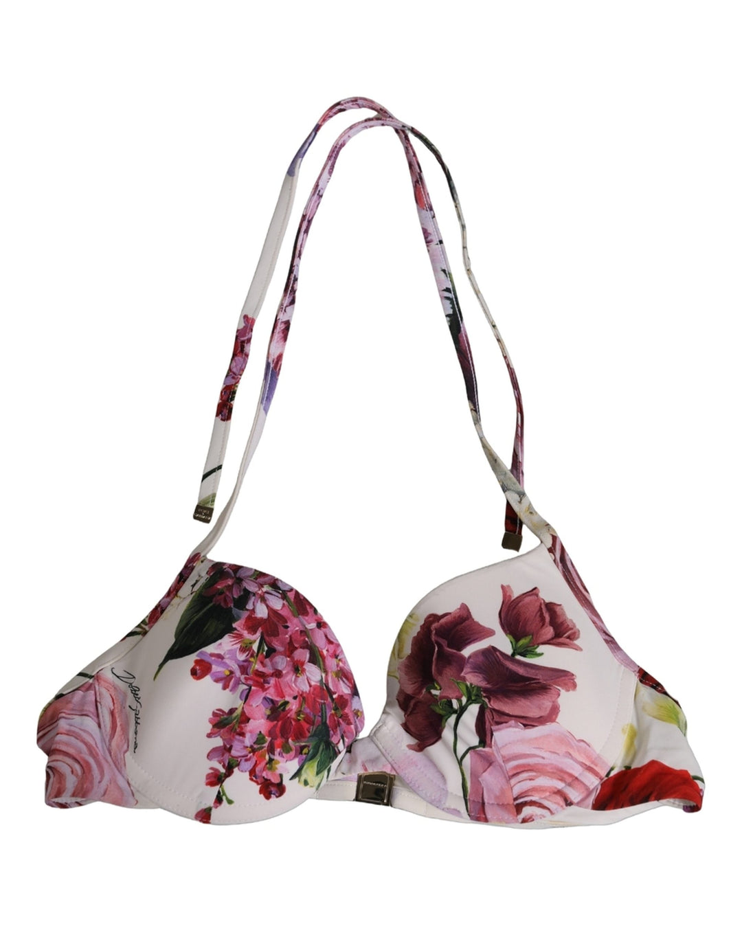 Dolce &amp; Gabbana White Floral Print Nylon Beachwear Bikini Top