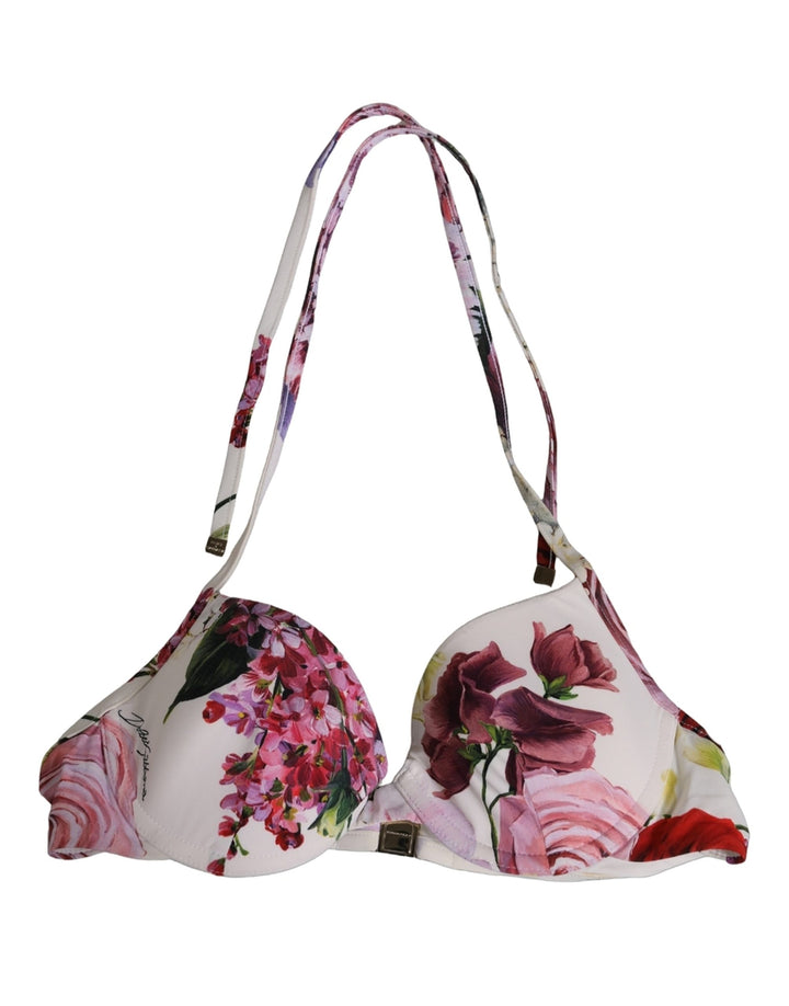 Dolce &amp; Gabbana White Floral Print Nylon Beachwear Bikini Top