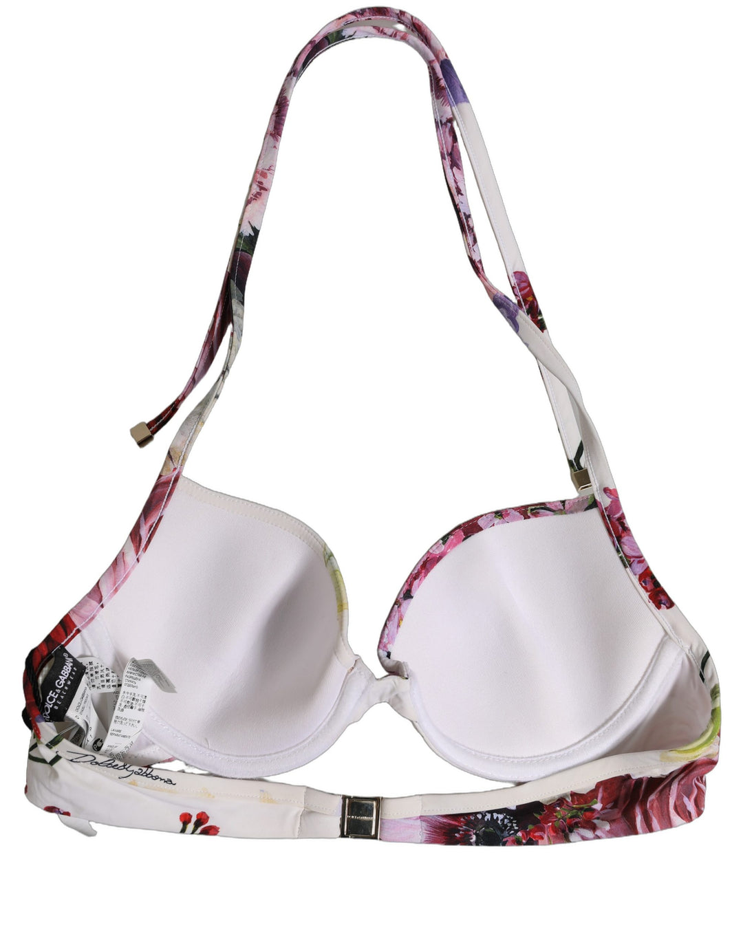 Dolce &amp; Gabbana White Floral Print Nylon Beachwear Bikini Top