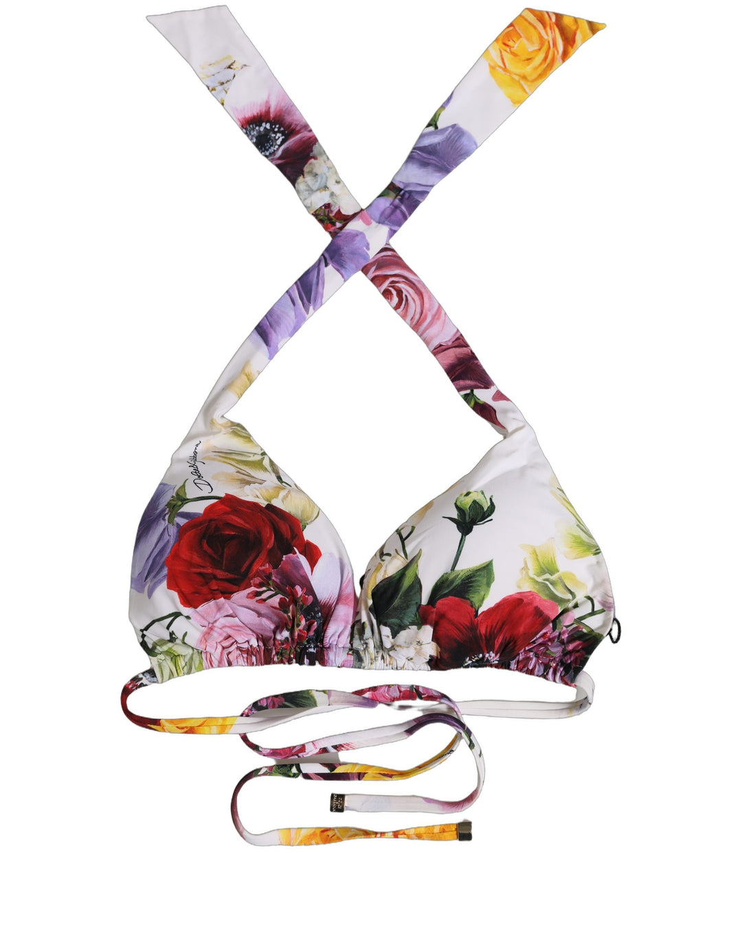 Dolce &amp; Gabbana White Floral Print Triangle Beachwear Bikini Top