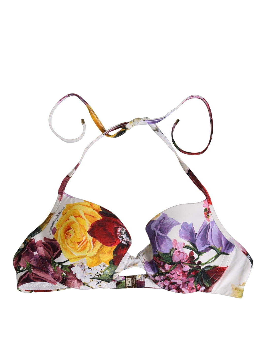 Dolce &amp; Gabbana White Floral Print Nylon Beachwear Bikini Top