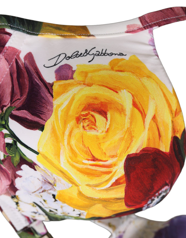 Dolce &amp; Gabbana White Floral Print Nylon Beachwear Bikini Top