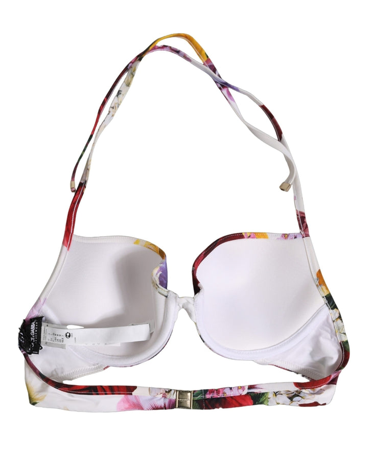 Dolce &amp; Gabbana White Floral Print Nylon Beachwear Bikini Top