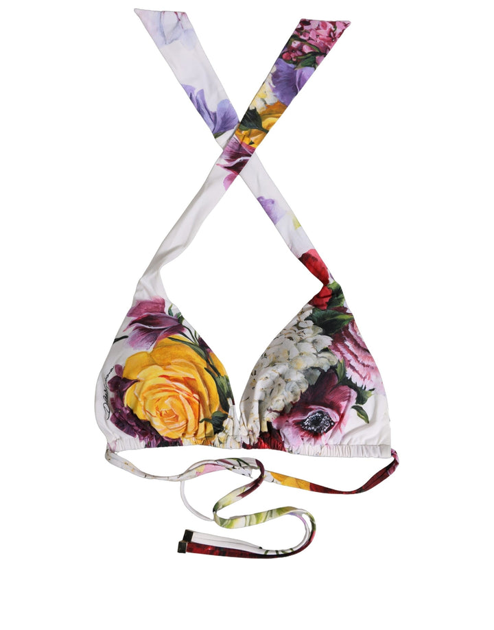 Dolce &amp; Gabbana White Floral Print Triangle Beachwear Bikini Top