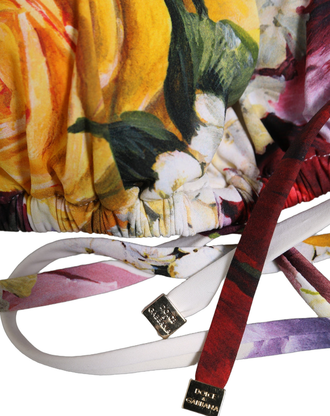 Dolce &amp; Gabbana White Floral Print Triangle Beachwear Bikini Top