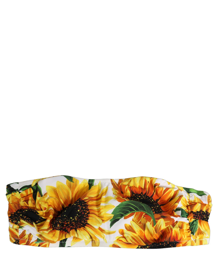 Dolce &amp; Gabbana White Sunflower Print Bandeau Beachwear Bikini Top