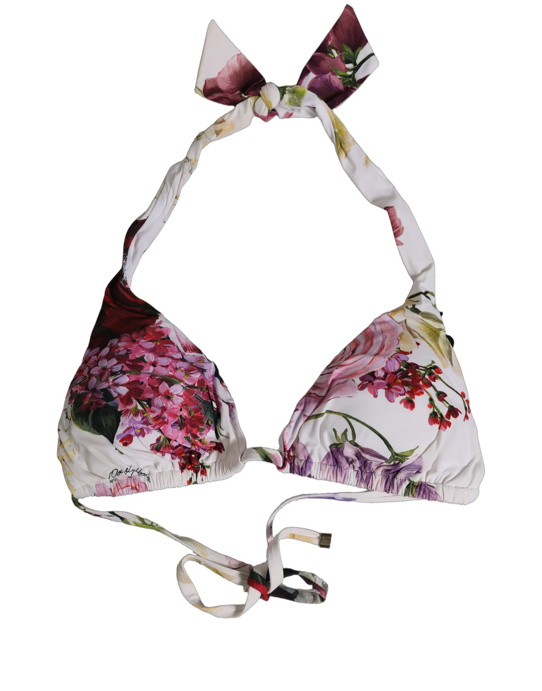 Dolce &amp; Gabbana White Floral Print Triangle Beachwear Bikini Top