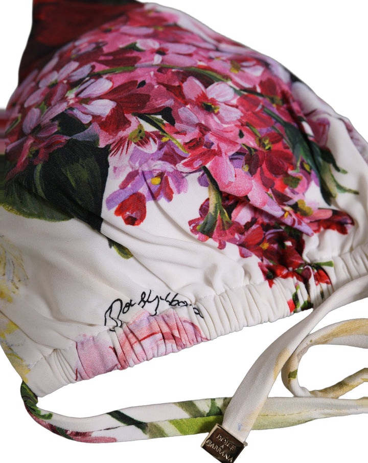 Dolce &amp; Gabbana White Floral Print Triangle Beachwear Bikini Top