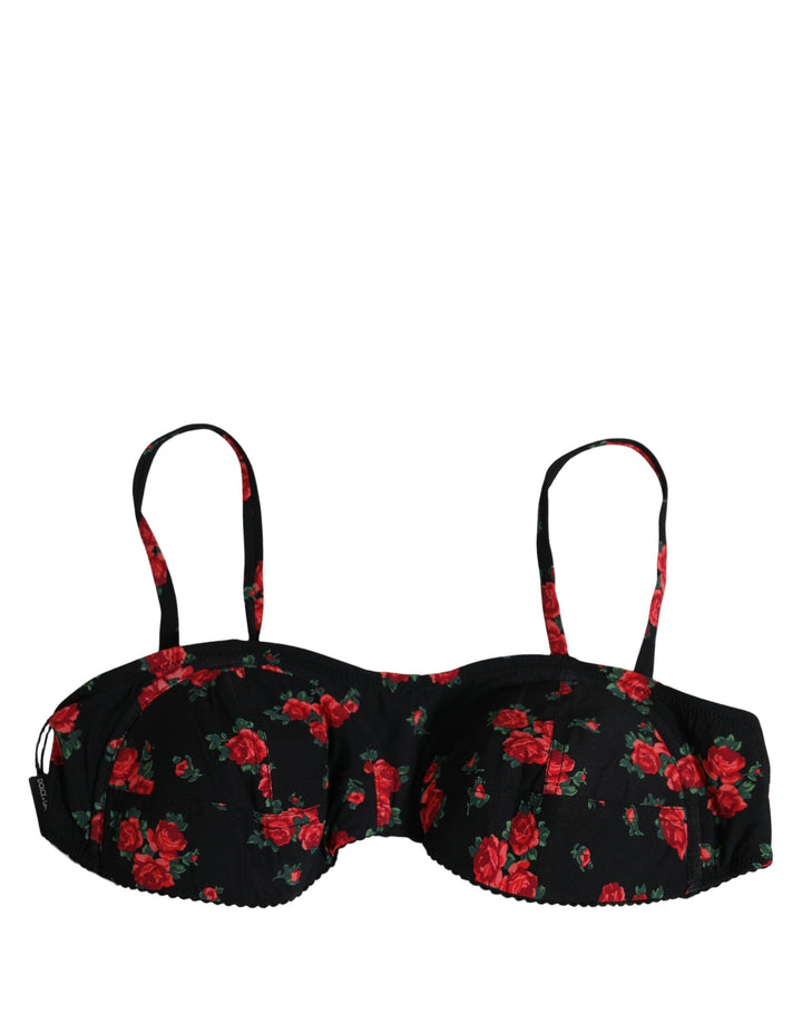 Dolce &amp; Gabbana Black Floral Print Underwire Beachwear Bikini Top