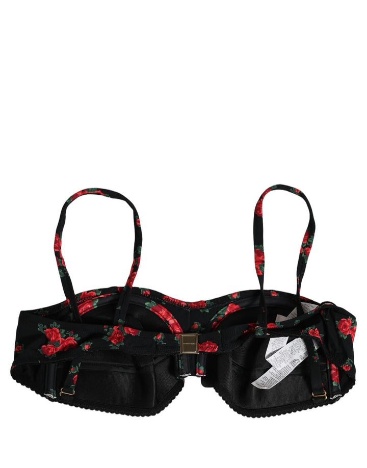 Dolce &amp; Gabbana Black Floral Print Underwire Beachwear Bikini Top