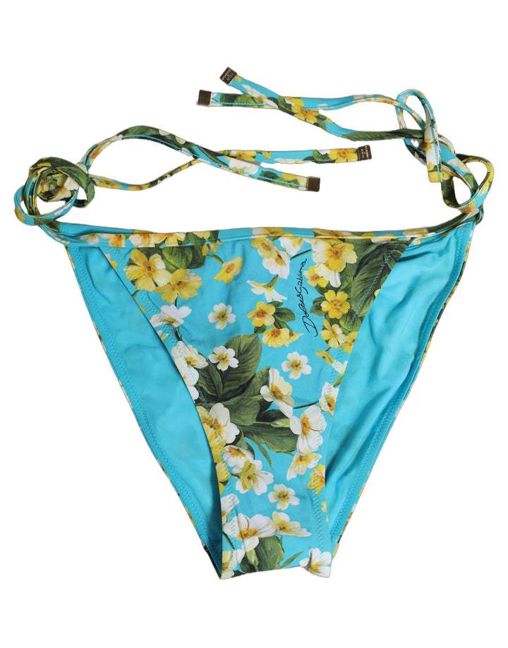 Dolce &amp; Gabbana Blue Floral Print Nylon Beachwear Bikini Bottom