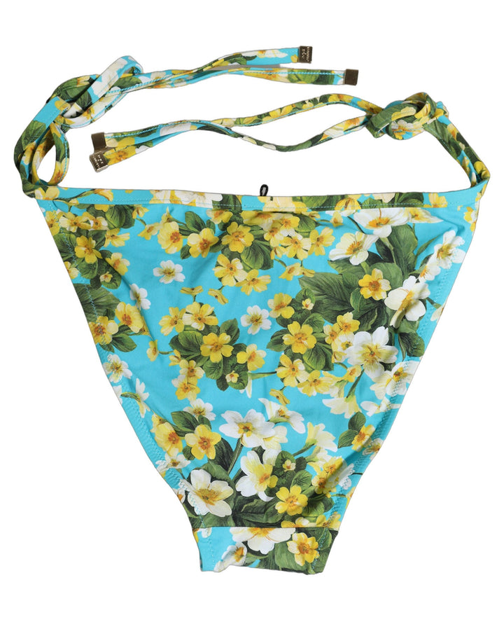 Dolce &amp; Gabbana Blue Floral Print Nylon Beachwear Bikini Bottom