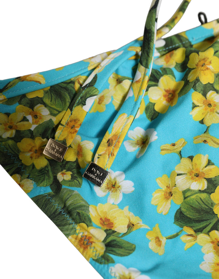 Dolce &amp; Gabbana Blue Floral Print Nylon Beachwear Bikini Bottom