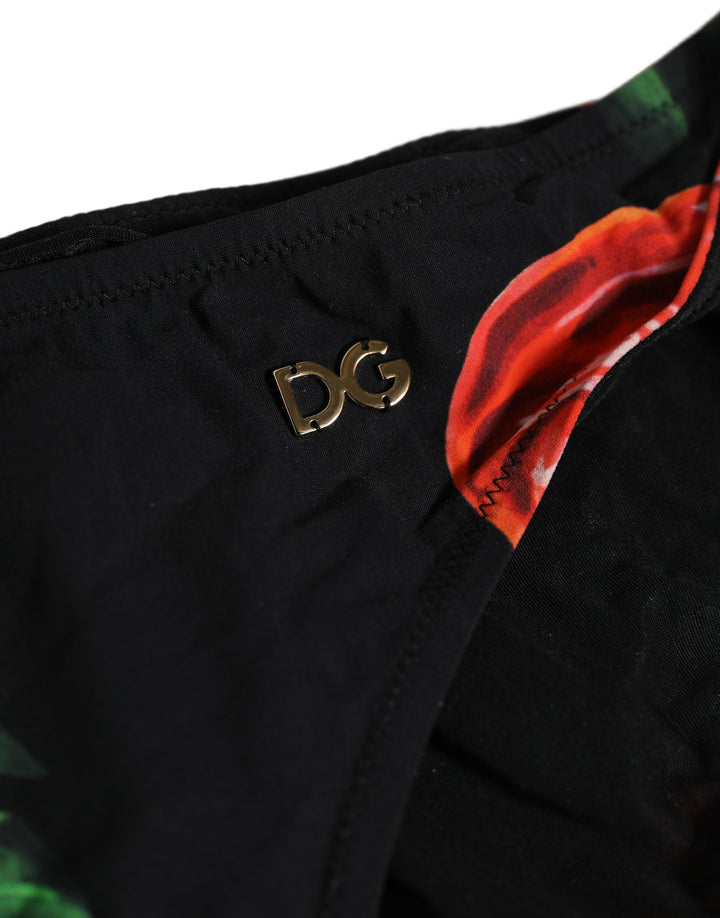 Dolce &amp; Gabbana Black Floral Print Nylon Beachwear Bikini Bottom