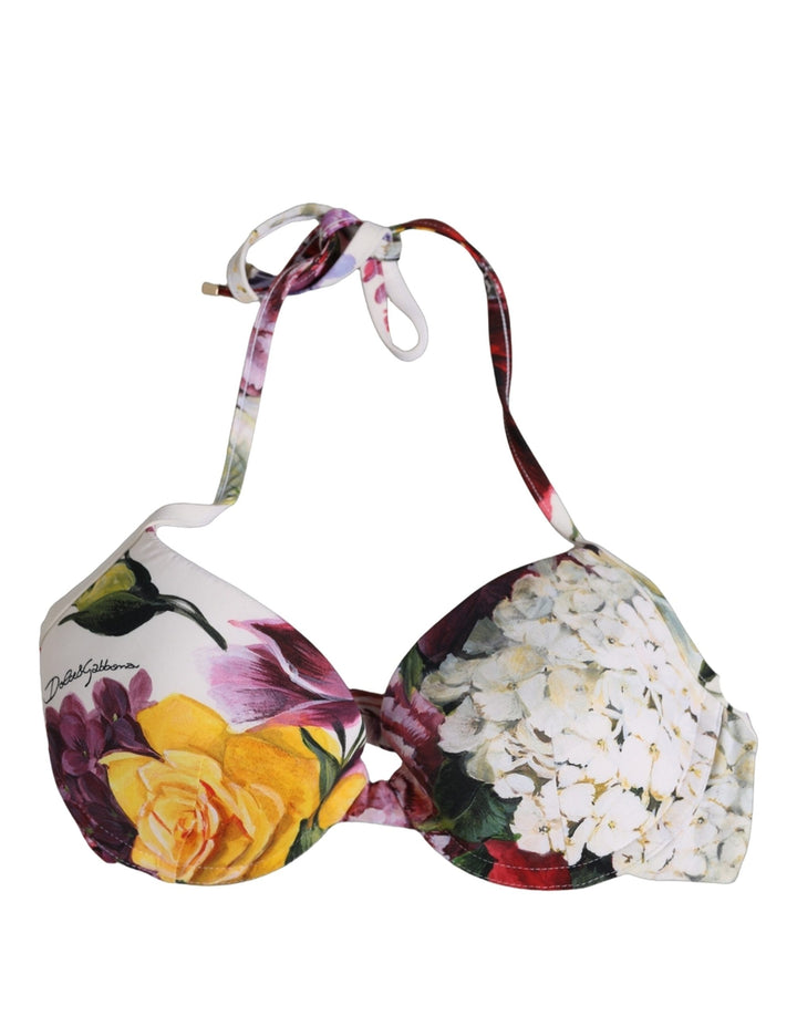 Dolce &amp; Gabbana White Floral Print Nylon Beachwear Bikini Top