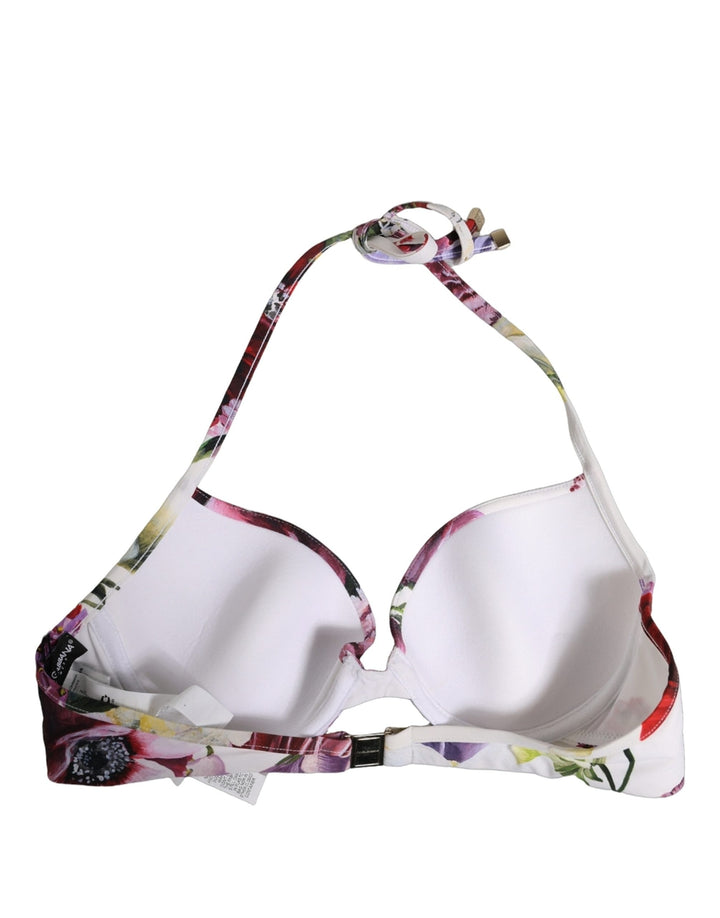 Dolce &amp; Gabbana White Floral Print Nylon Beachwear Bikini Top