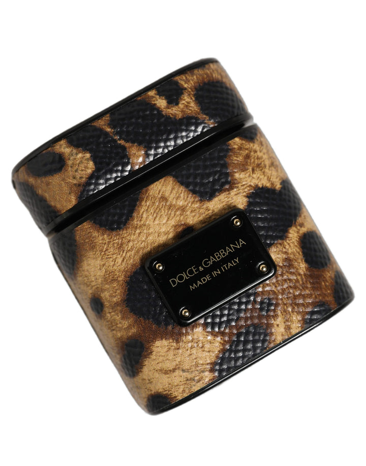 Dolce &amp; Gabbana Brown Leopard Calf Leather Metal Logo Plaque Airpods Case