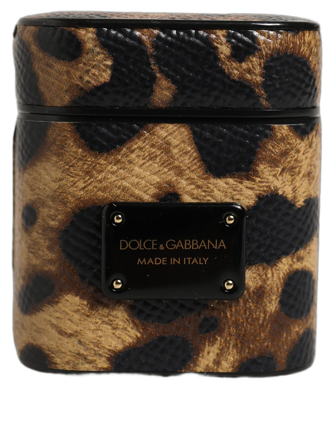 Dolce &amp; Gabbana Brown Leopard Calf Leather Metal Logo Plaque Airpods Case