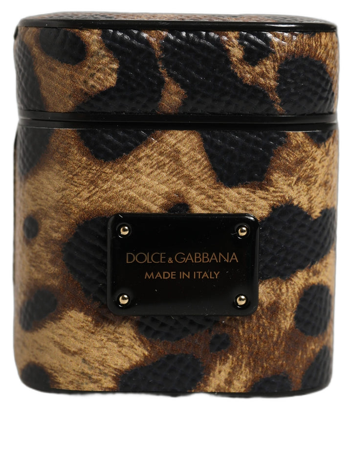 Dolce &amp; Gabbana Brown Leopard Calf Leather Metal Logo Plaque Airpods Case