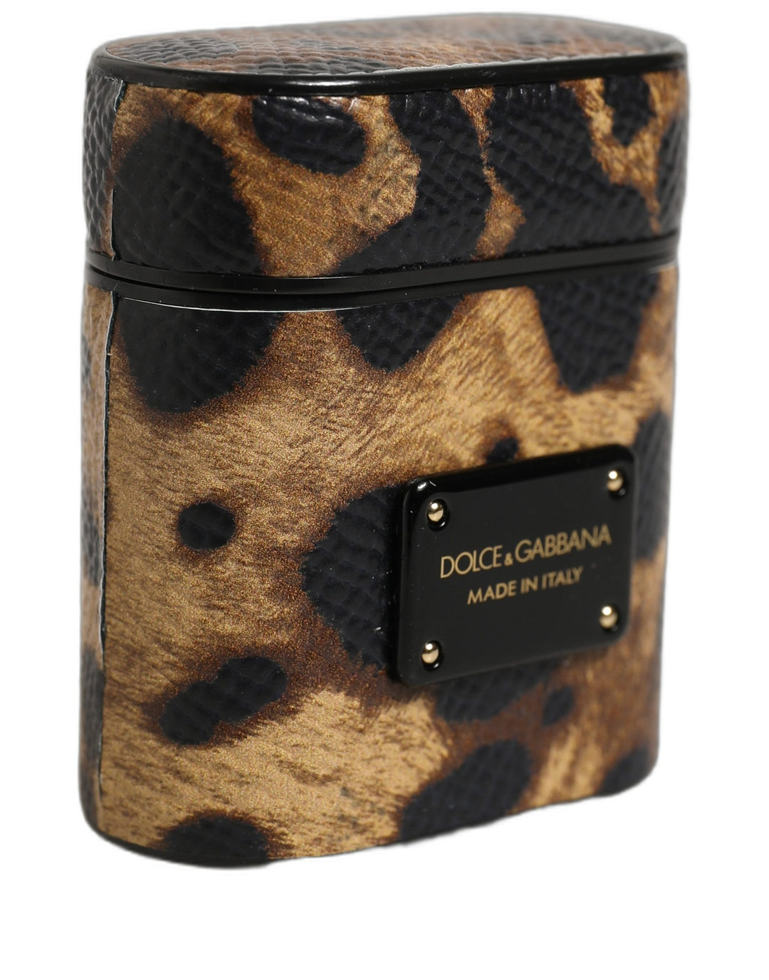 Dolce &amp; Gabbana Brown Leopard Calf Leather Metal Logo Plaque Airpods Case