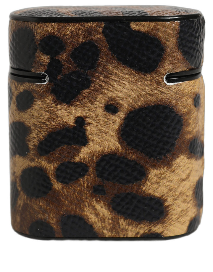 Dolce &amp; Gabbana Brown Leopard Calf Leather Metal Logo Plaque Airpods Case