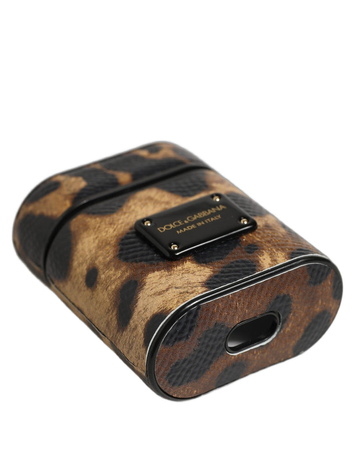Dolce &amp; Gabbana Brown Leopard Calf Leather Metal Logo Plaque Airpods Case