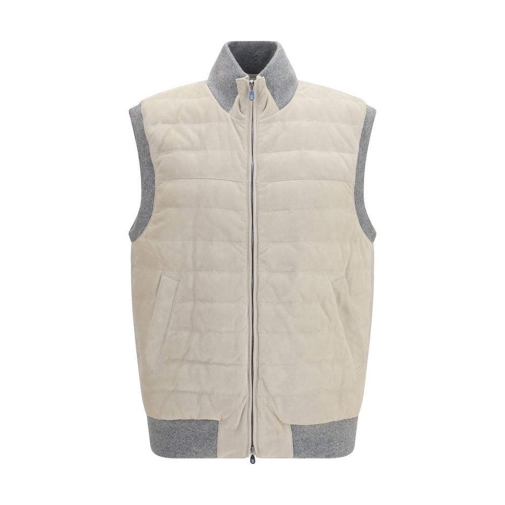 Brunello Cucinelli Beige Calf Leather Bos Taurus Sleeveless Jacket
